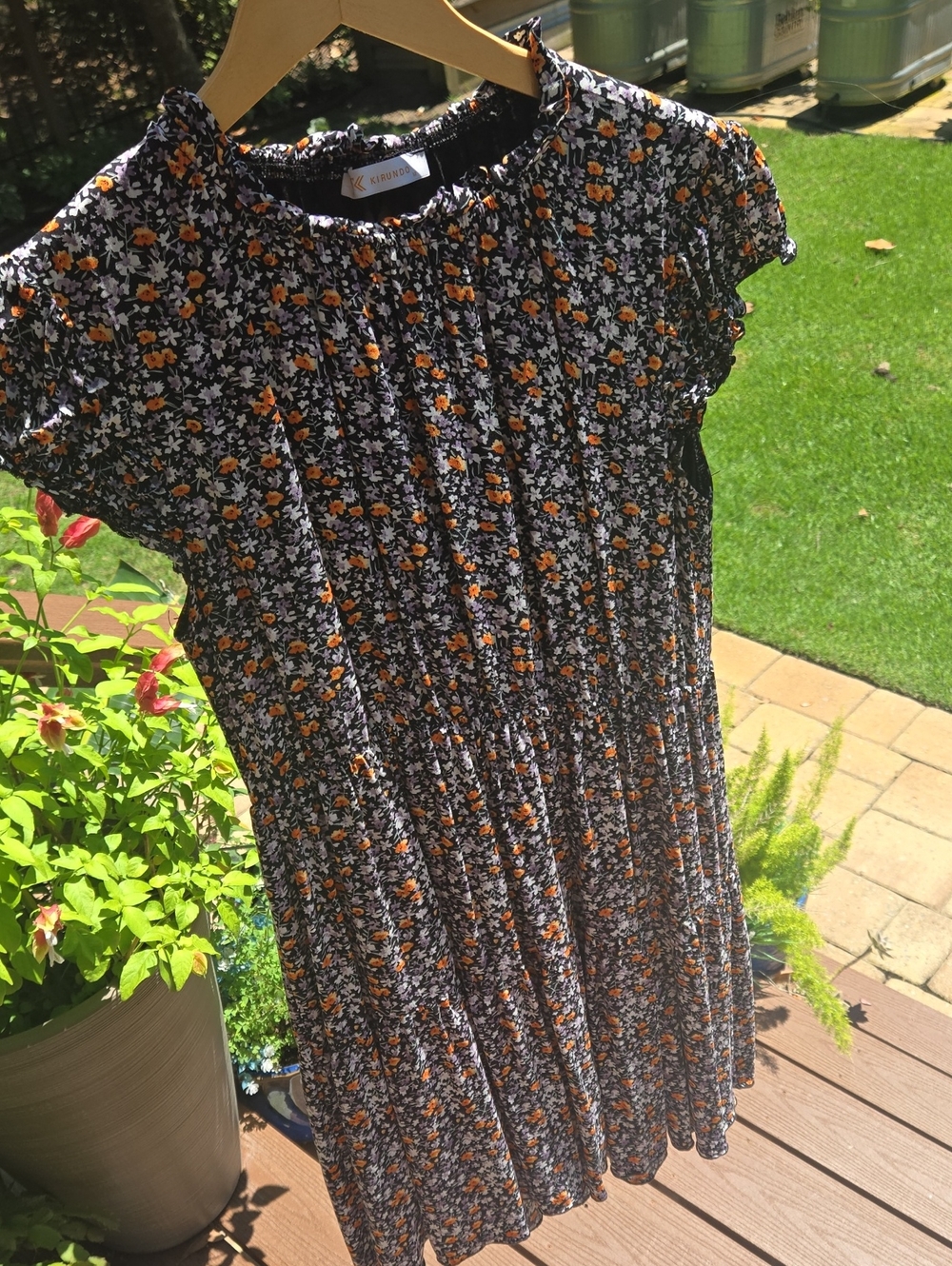 Kirundo Black Floral Smocked Dress with Orange Accents